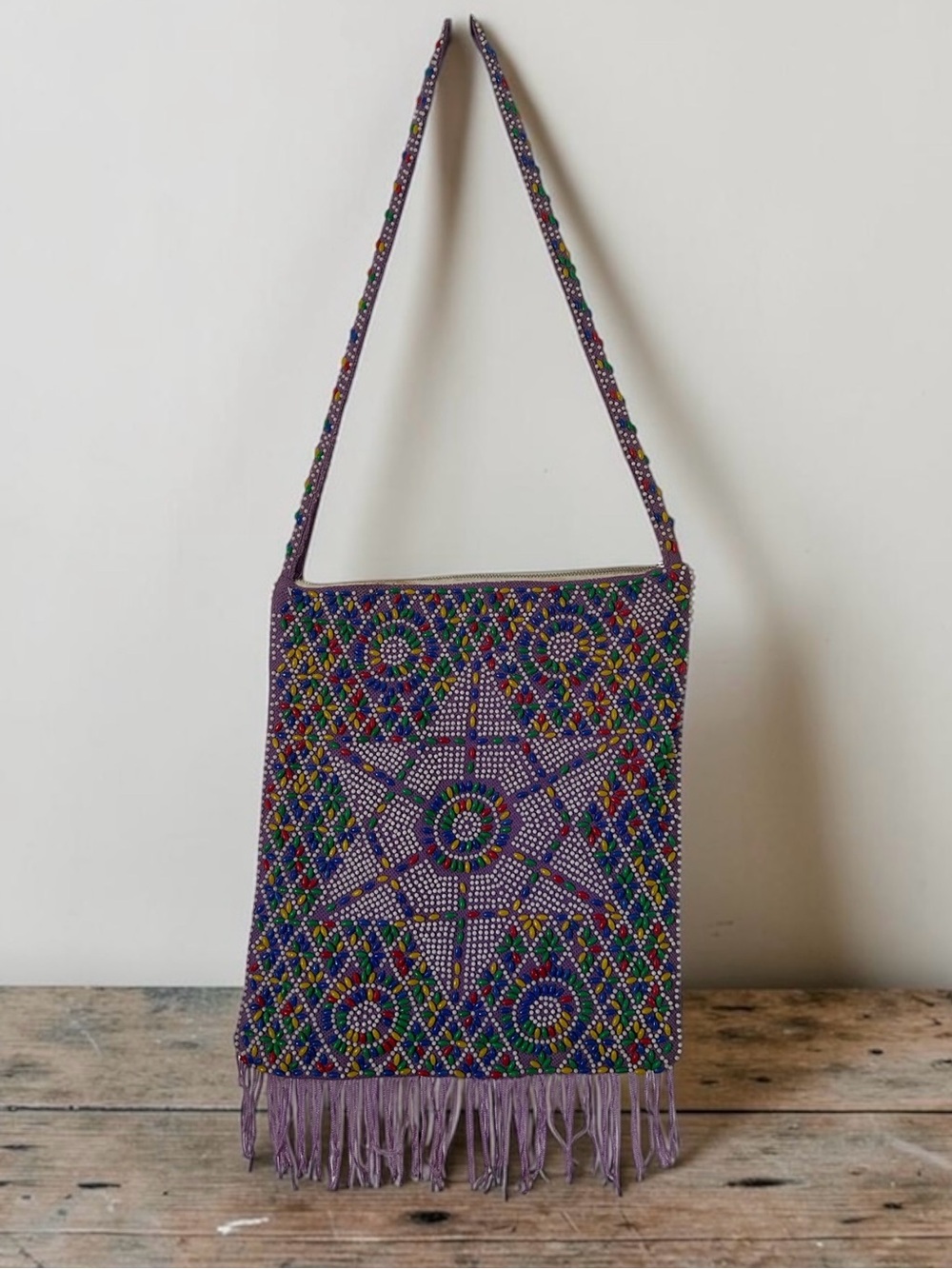 Vintage Beaded Shoulder Bag, Colorful Beadwork Purse, Lavender Boho Bag w/Fringe